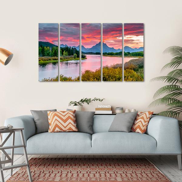 Sunset Over Grand Tetons Canvas Wall Art-5 Horizontal-Gallery Wrap-22" x 12"-Tiaracle