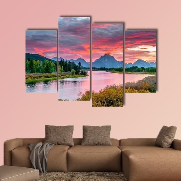 Sunset Over Grand Tetons Canvas Wall Art-5 Star-Gallery Wrap-62" x 32"-Tiaracle