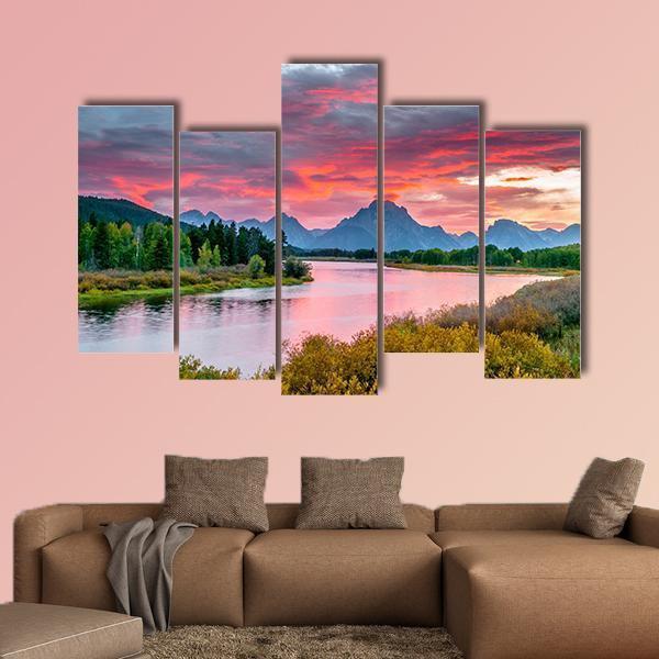 Sunset Over Grand Tetons Canvas Wall Art-5 Pop-Gallery Wrap-47" x 32"-Tiaracle