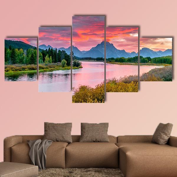 Sunset Over Grand Tetons Canvas Wall Art-5 Star-Gallery Wrap-62" x 32"-Tiaracle
