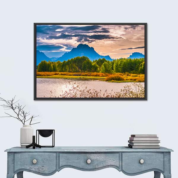 Sunset Over Grand Tetons Canvas Wall Art-1 Piece-Floating Frame-24" x 16"-Tiaracle