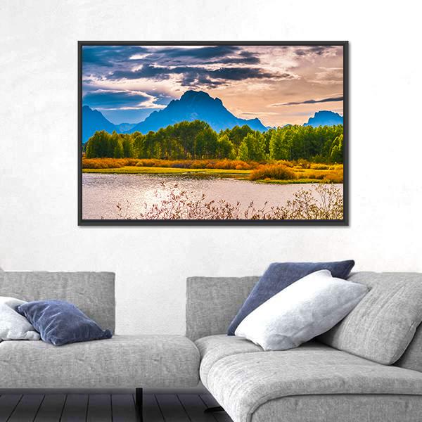 Sunset Over Grand Tetons Canvas Wall Art-3 Horizontal-Gallery Wrap-25" x 16"-Tiaracle
