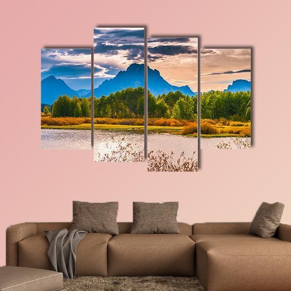 Sunset Over Grand Tetons Canvas Wall Art-4 Pop-Gallery Wrap-50" x 32"-Tiaracle