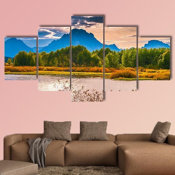 Sunset Over Grand Tetons Canvas Wall Art-5 Star-Gallery Wrap-62" x 32"-Tiaracle