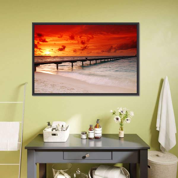 Sunset Over Jetty Canvas Wall Art-1 Piece-Floating Frame-24" x 16"-Tiaracle