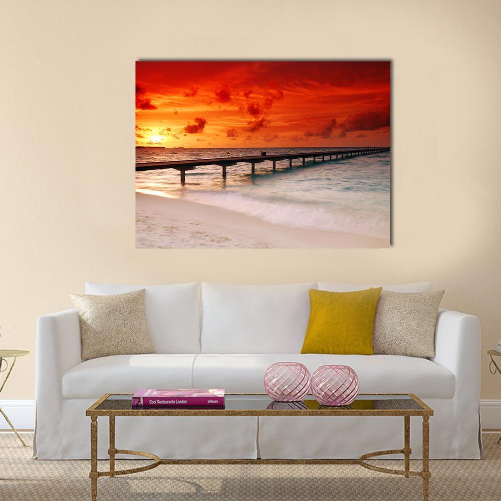 Sunset Over Jetty Canvas Wall Art-1 Piece-Gallery Wrap-48" x 32"-Tiaracle