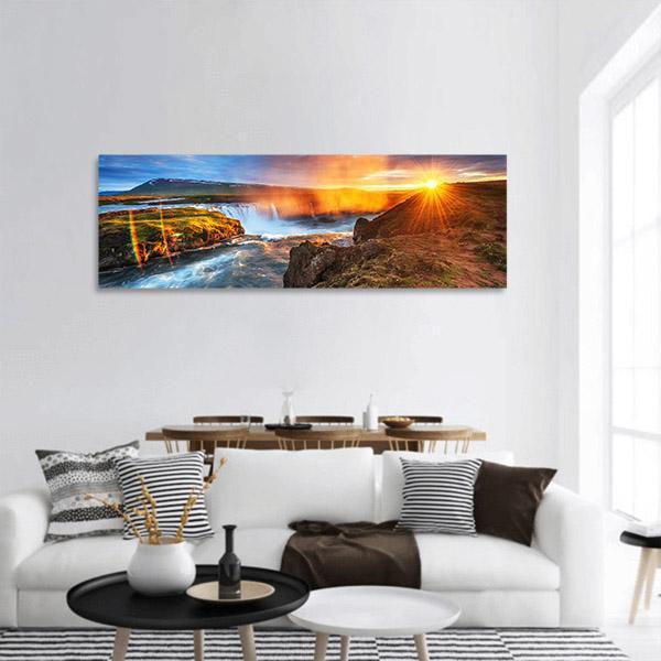 Sunset Over Kirkjufell Landscape In Iceland Panoramic Canvas Wall Art-3 Piece-25" x 08"-Tiaracle