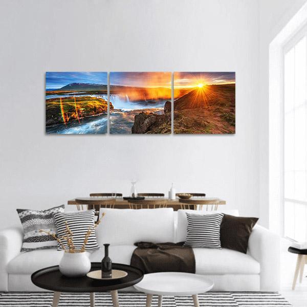 Sunset Over Kirkjufell Landscape In Iceland Panoramic Canvas Wall Art-3 Piece-25" x 08"-Tiaracle