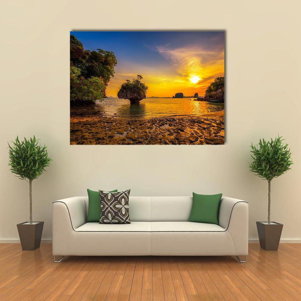 Sunset Over Ko Hong Island Canvas Wall Art in orange, yellow and blue, single panel hung on a wall