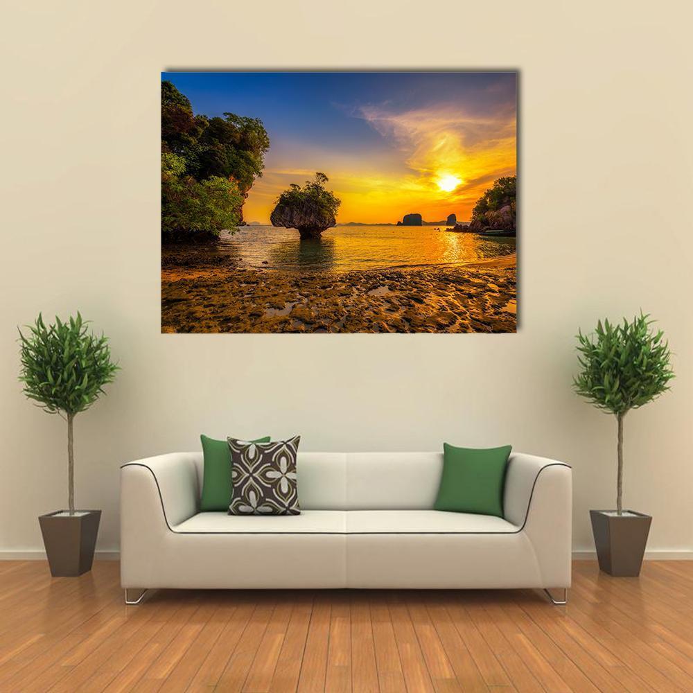 Sunset Over Ko Hong Island Canvas Wall Art in orange, yellow and blue, single panel hung on a wall