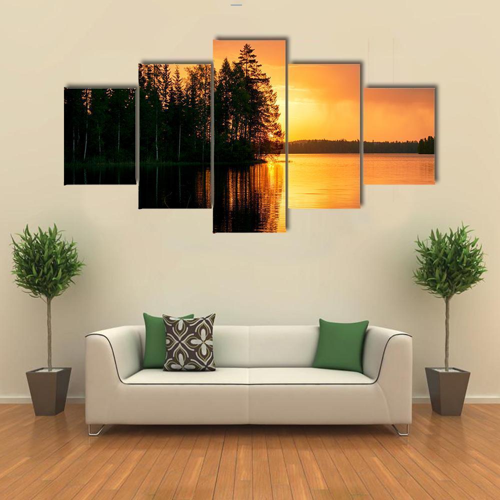 Sunset Over Lake Finland Canvas Wall Art-5 Star-Gallery Wrap-62" x 32"-Tiaracle