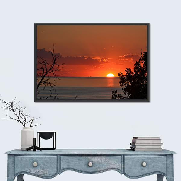 Sunset Over Lake Michigan Canvas Wall Art in black, orange and blue, framed canvas, product view on a white background