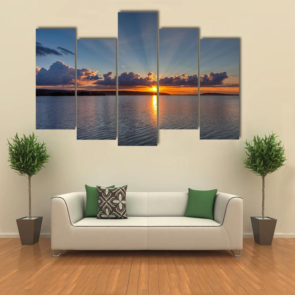 Sunset Over Lake Canvas Wall Art-5 Pop-Gallery Wrap-47" x 32"-Tiaracle