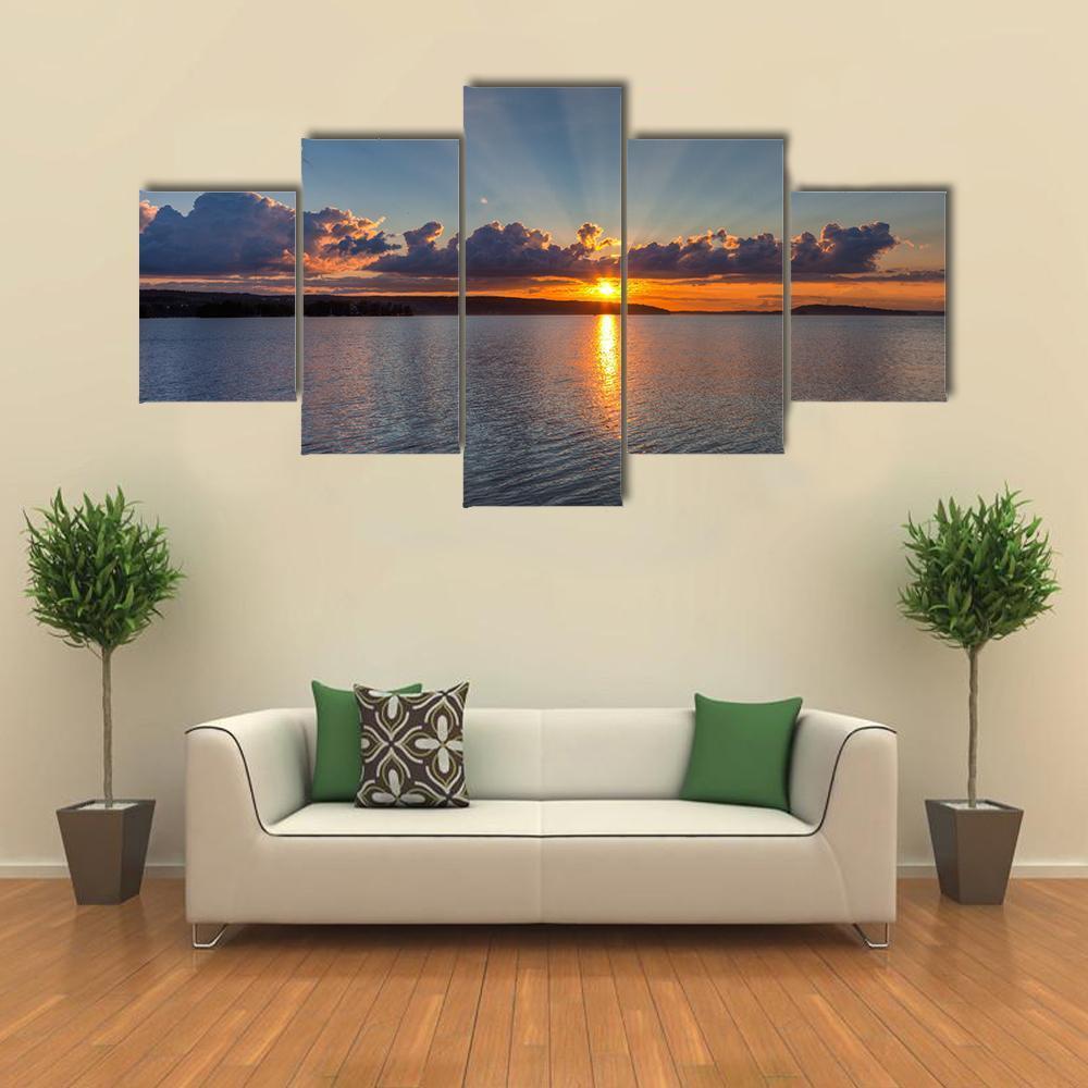 Sunset Over Lake Canvas Wall Art-5 Star-Gallery Wrap-62" x 32"-Tiaracle