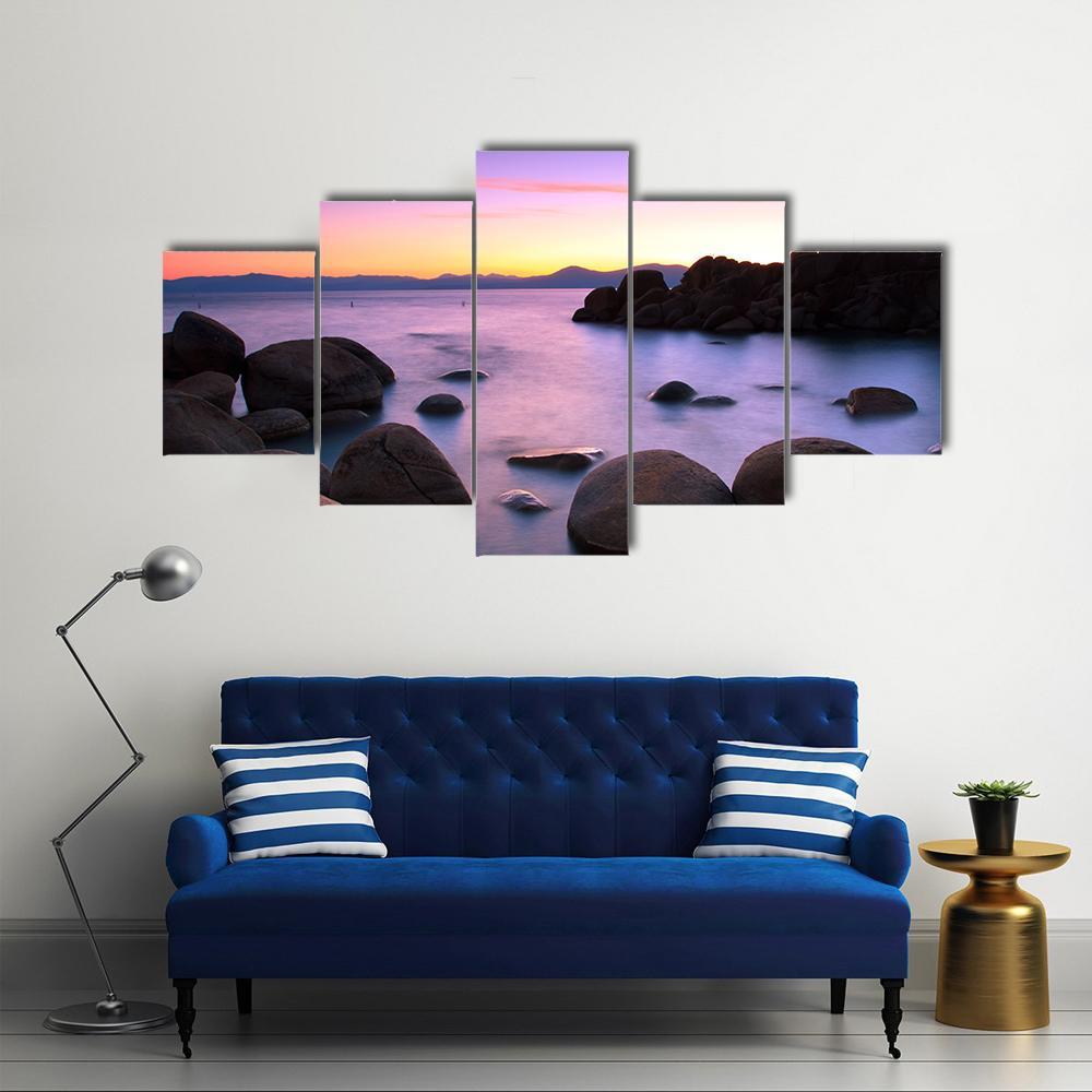 Sunset Over Lake Tahoe Canvas Wall Art-5 Star-Gallery Wrap-62" x 32"-Tiaracle