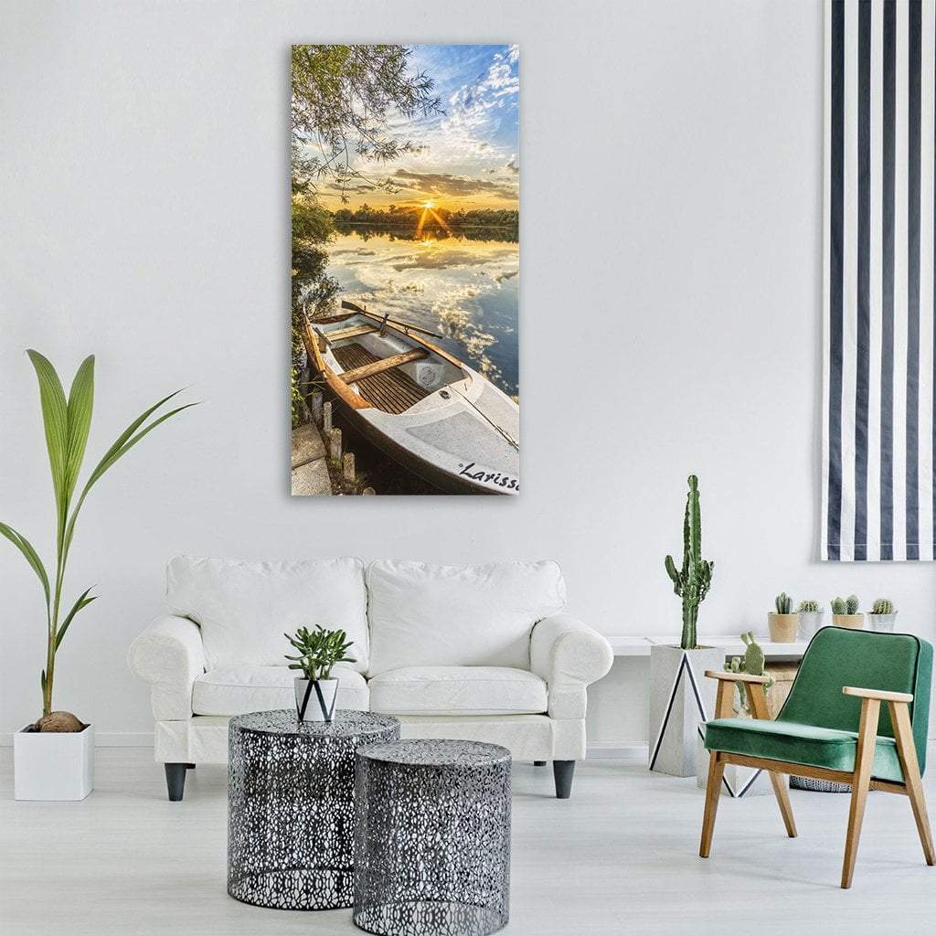 Sunset Over Lake With Fishing Boat Vertical Canvas Wall Art-1 Vertical-Gallery Wrap-12" x 24"-Tiaracle