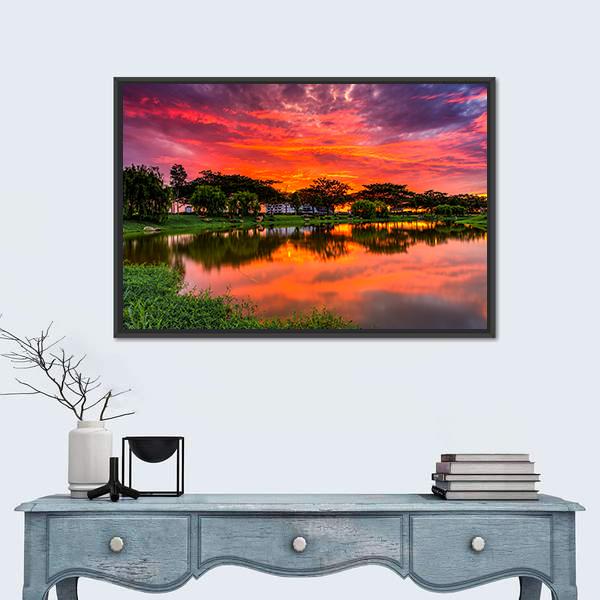 Sunset Over Lake With Reflection Of Tree Canvas Wall Art-1 Piece-Floating Frame-24" x 16"-Tiaracle