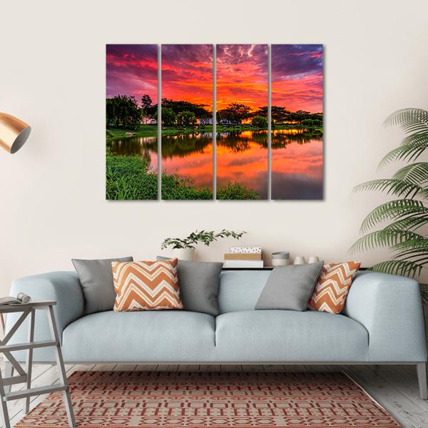 Sunset Over Lake With Reflection Of Tree Canvas Wall Art-4 Horizontal-Gallery Wrap-34" x 24"-Tiaracle