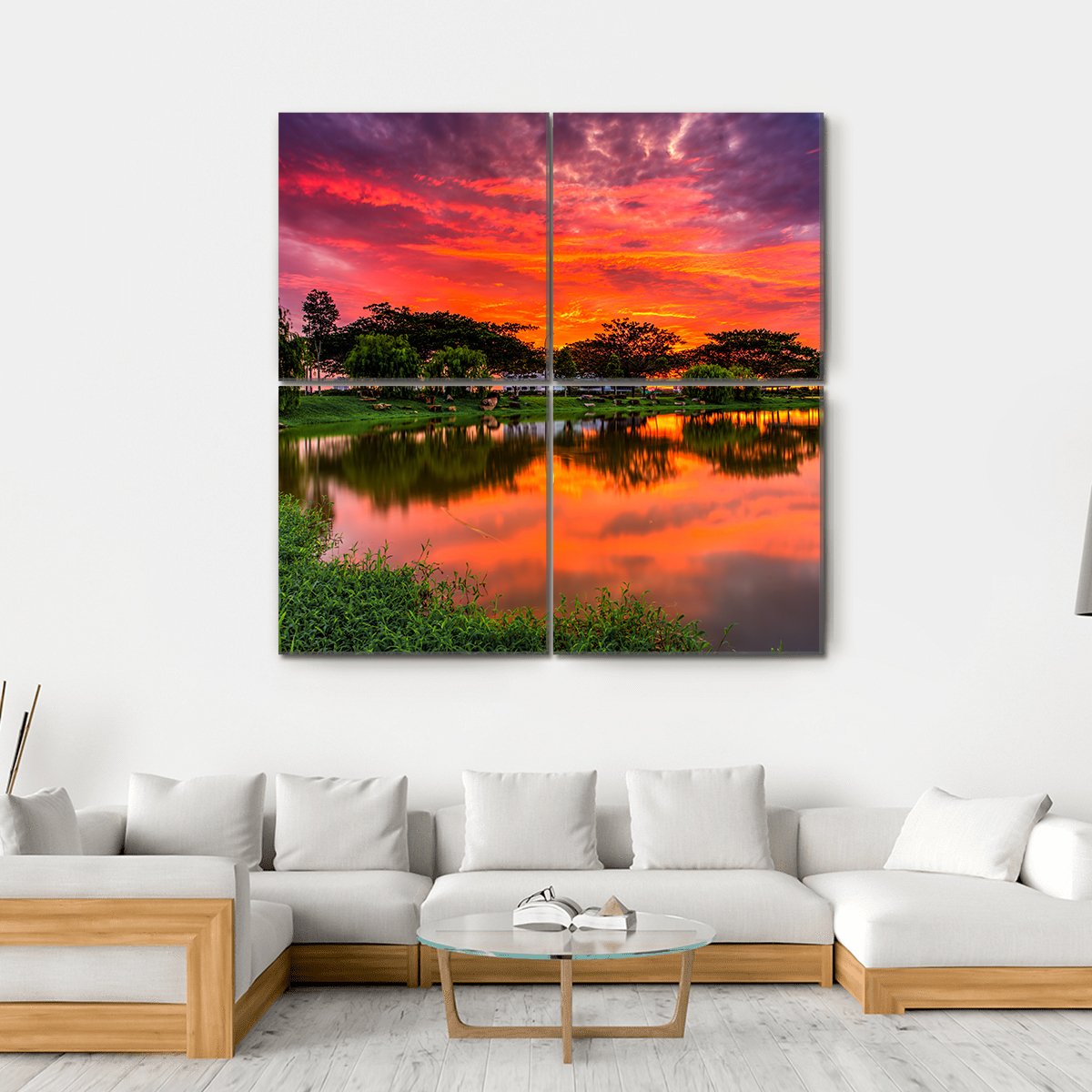 Sunset Over Lake With Reflection Of Tree Canvas Wall Art-4 Square-Gallery Wrap-17" x 17"-Tiaracle