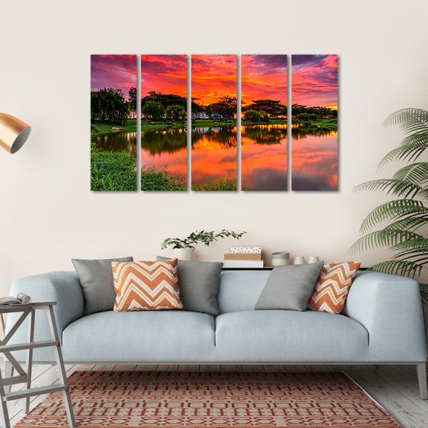 Sunset Over Lake With Reflection Of Tree Canvas Wall Art-5 Horizontal-Gallery Wrap-22" x 12"-Tiaracle