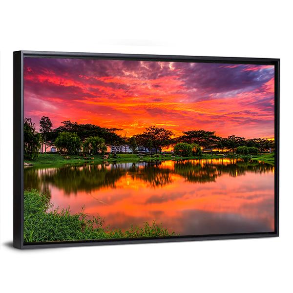 Sunset Over Lake With Reflection Of Tree Canvas Wall Art-3 Horizontal-Gallery Wrap-25" x 16"-Tiaracle