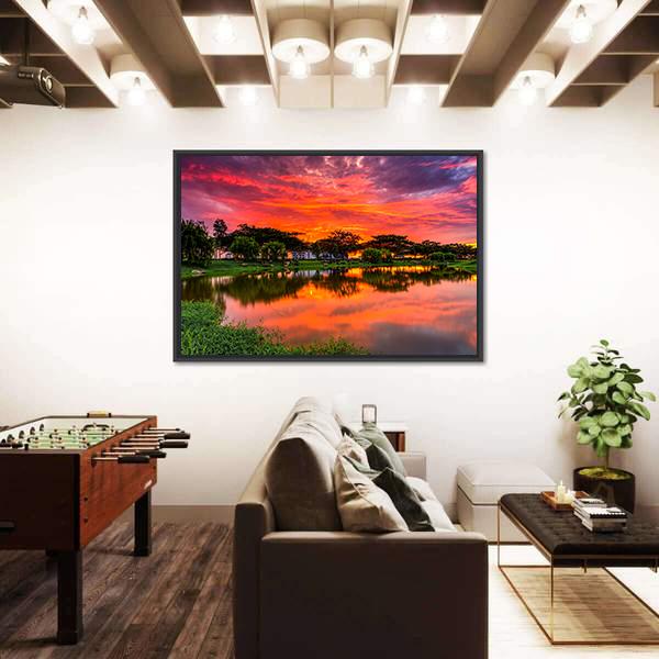 Sunset Over Lake With Reflection Of Tree Canvas Wall Art-3 Horizontal-Gallery Wrap-25" x 16"-Tiaracle