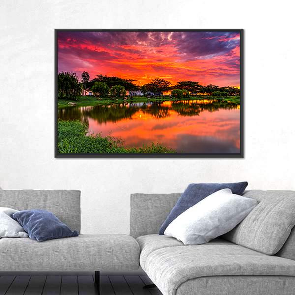 Sunset Over Lake With Reflection Of Tree Canvas Wall Art-3 Horizontal-Gallery Wrap-25" x 16"-Tiaracle