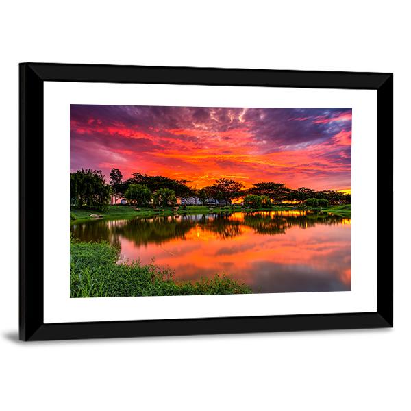 Sunset Over Lake With Reflection Of Tree Canvas Wall Art-3 Horizontal-Gallery Wrap-25" x 16"-Tiaracle
