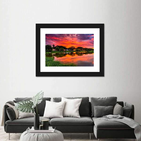 Sunset Over Lake With Reflection Of Tree Canvas Wall Art-3 Horizontal-Gallery Wrap-25" x 16"-Tiaracle