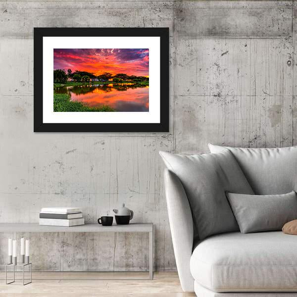 Sunset Over Lake With Reflection Of Tree Canvas Wall Art-3 Horizontal-Gallery Wrap-25" x 16"-Tiaracle