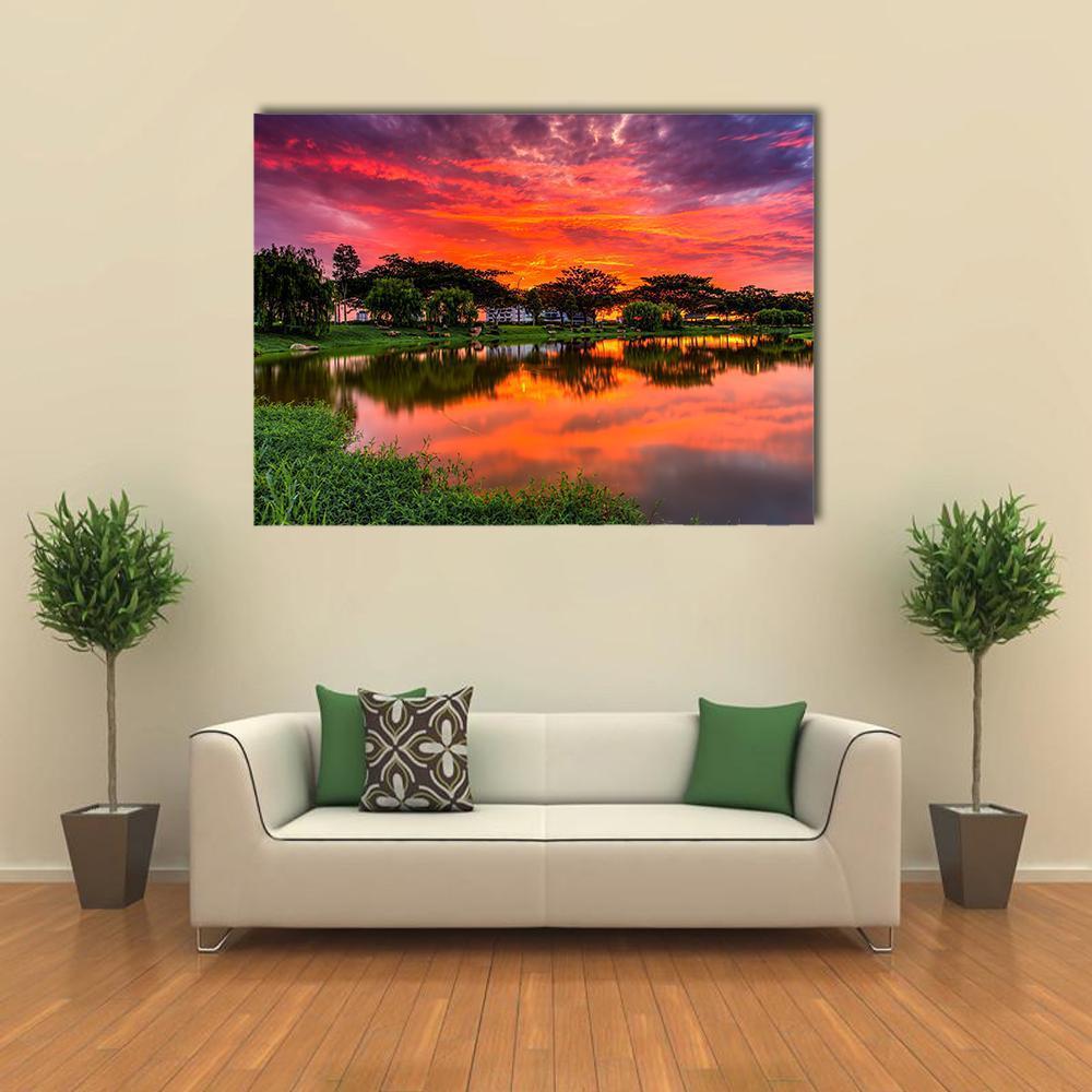 Sunset Over Lake With Reflection Of Tree Canvas Wall Art-5 Star-Gallery Wrap-62" x 32"-Tiaracle