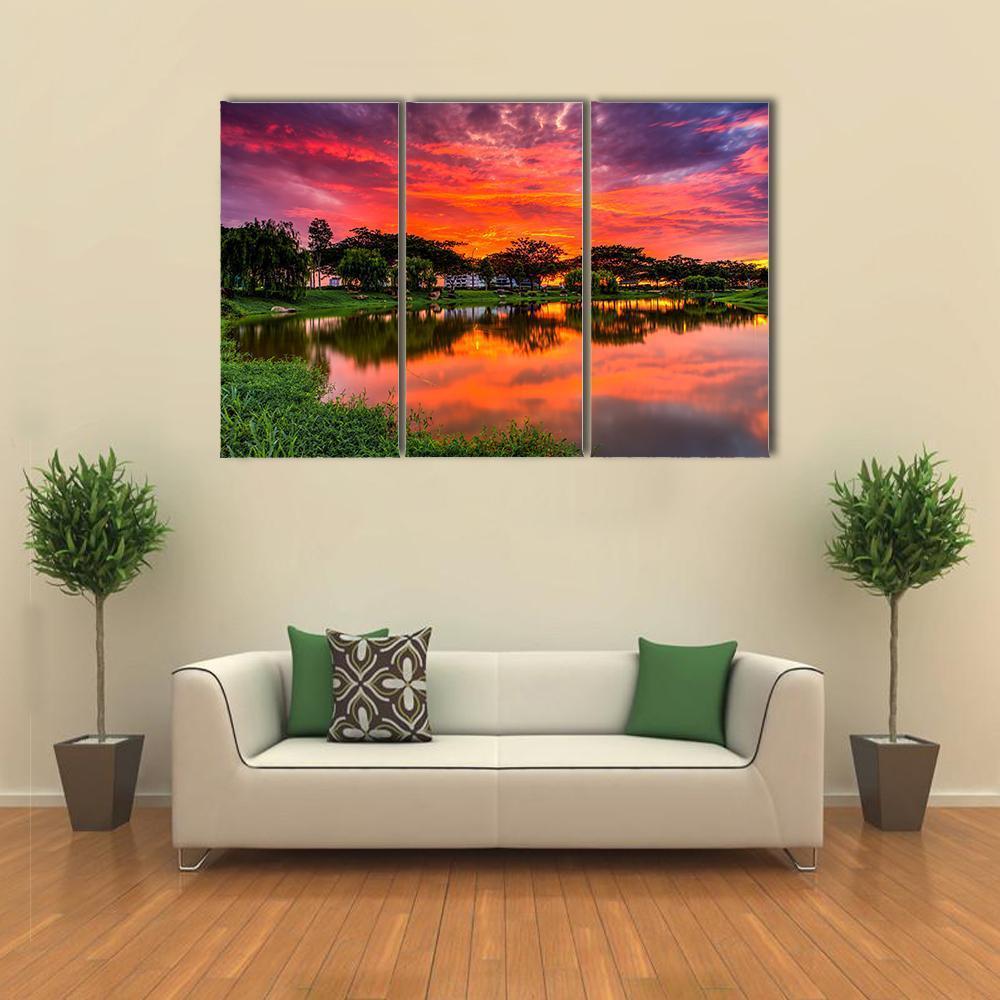 Sunset Over Lake With Reflection Of Tree Canvas Wall Art-3 Horizontal-Gallery Wrap-37" x 24"-Tiaracle