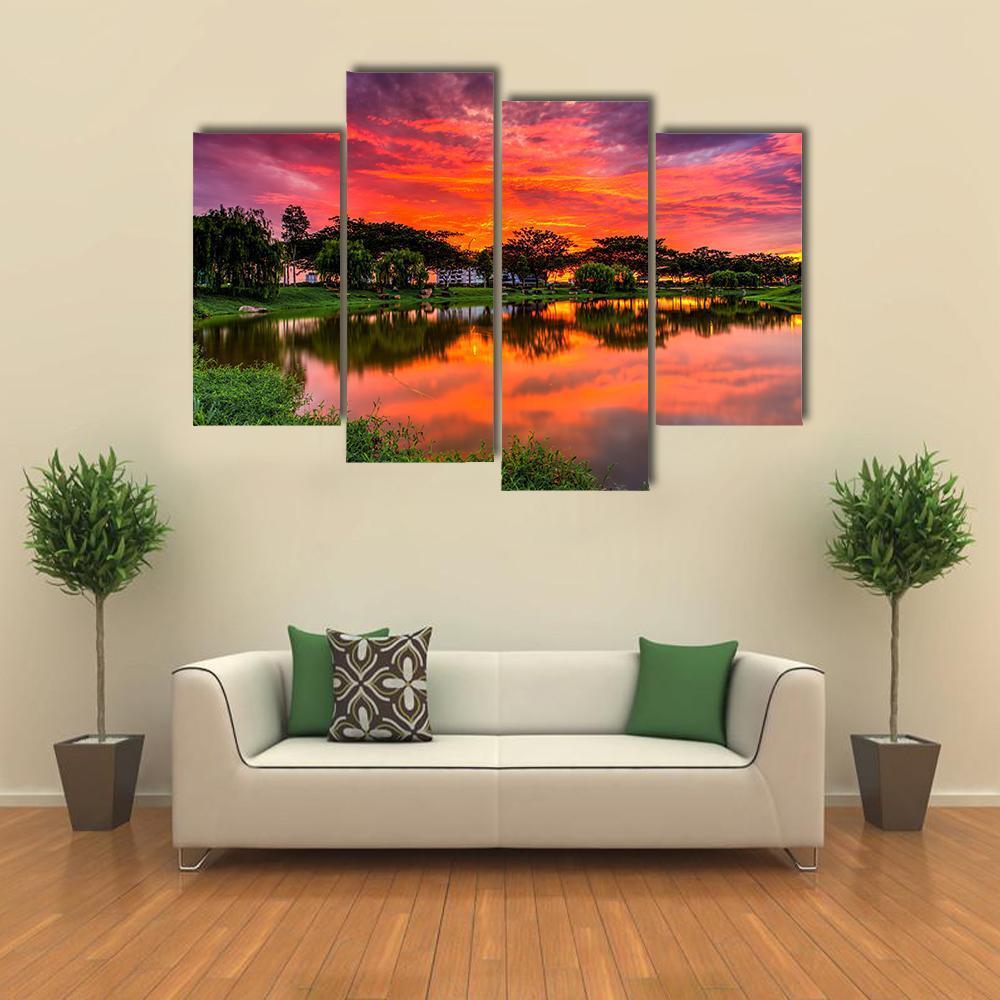 Sunset Over Lake With Reflection Of Tree Canvas Wall Art-4 Pop-Gallery Wrap-50" x 32"-Tiaracle