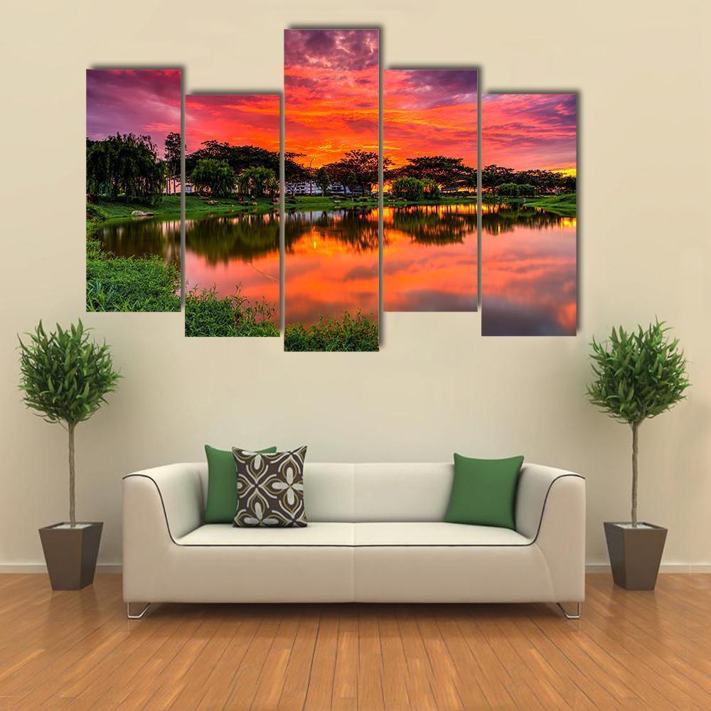 Sunset Over Lake With Reflection Of Tree Canvas Wall Art-5 Pop-Gallery Wrap-47" x 32"-Tiaracle