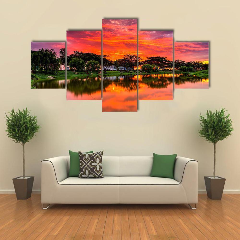 Sunset Over Lake With Reflection Of Tree Canvas Wall Art-5 Star-Gallery Wrap-62" x 32"-Tiaracle