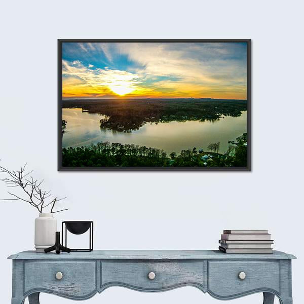 Sunset Over a Calm Lake Canvas Wall Art in orange, yellow and blue, framed canvas, product view on a white background
