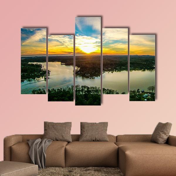 Sunset Over Lake Wwylie In South Carolina Canvas Wall Art-5 Pop-Gallery Wrap-47" x 32"-Tiaracle