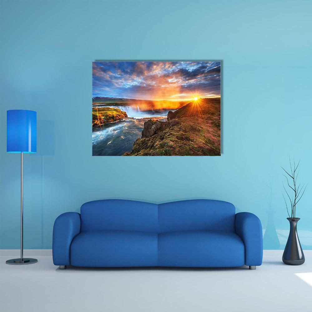 Sunset Over Landscapes And Waterfalls Canvas Wall Art-4 Horizontal-Gallery Wrap-34" x 24"-Tiaracle