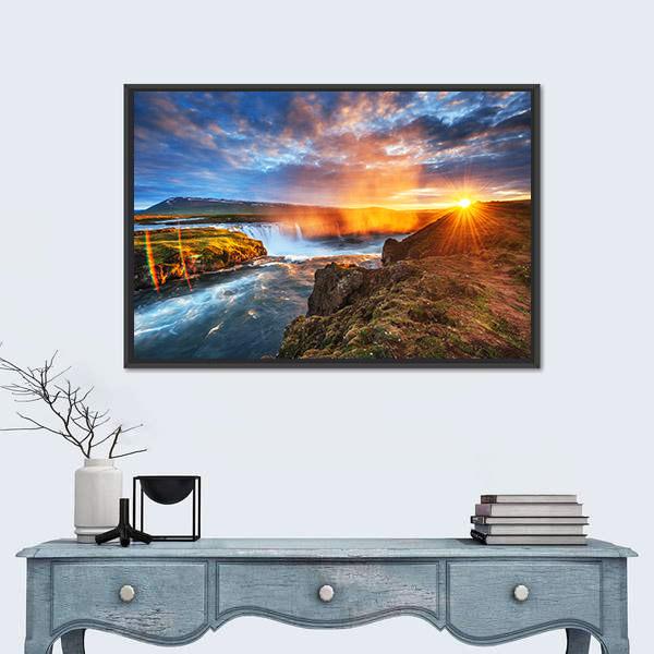 Sunset Over Landscapes And Waterfalls Canvas Wall Art-1 Piece-Floating Frame-24" x 16"-Tiaracle