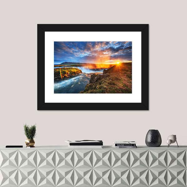 Sunset Over Landscapes And Waterfalls Canvas Wall Art-1 Piece-Framed Print-20" x 16"-Tiaracle