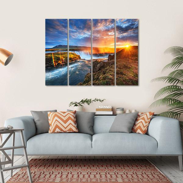 Sunset Over Landscapes And Waterfalls Canvas Wall Art-4 Horizontal-Gallery Wrap-34" x 24"-Tiaracle