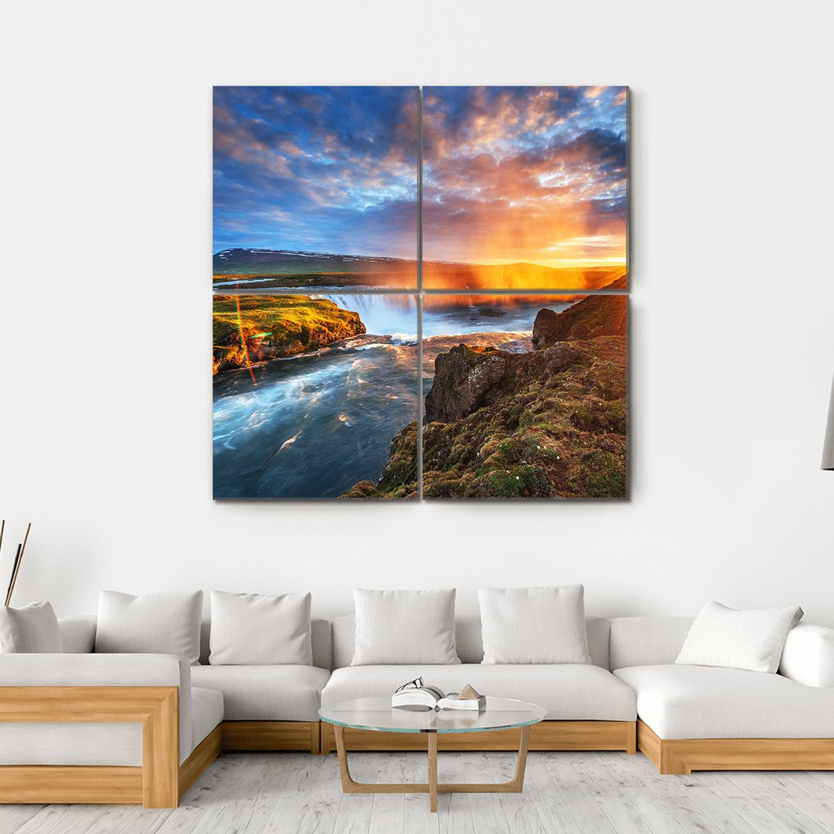 Sunset Over Landscapes And Waterfalls Canvas Wall Art-4 Square-Gallery Wrap-17" x 17"-Tiaracle