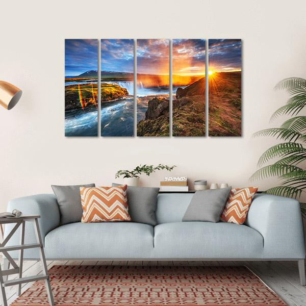 Sunset Over Landscapes And Waterfalls Canvas Wall Art-5 Horizontal-Gallery Wrap-22" x 12"-Tiaracle