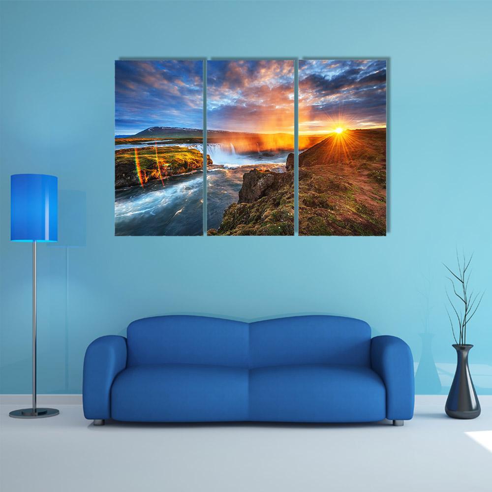 Sunset Over Landscapes And Waterfalls Canvas Wall Art-3 Horizontal-Gallery Wrap-37" x 24"-Tiaracle