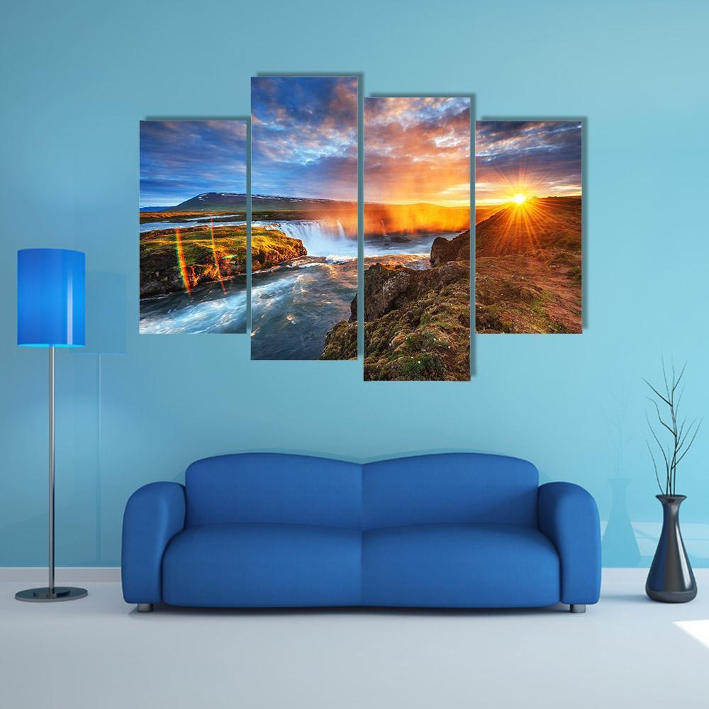 Sunset Over Landscapes And Waterfalls Canvas Wall Art-4 Pop-Gallery Wrap-50" x 32"-Tiaracle