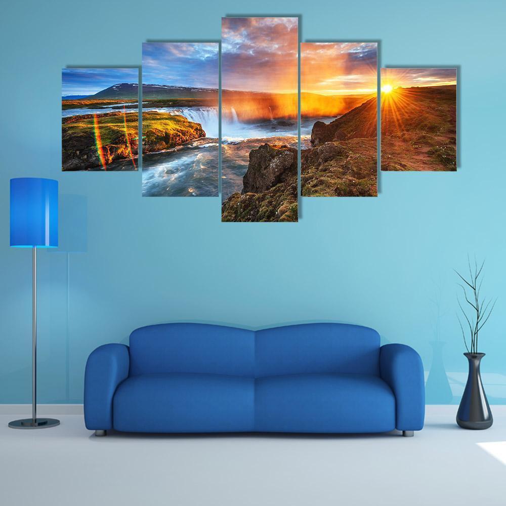 Sunset Over Landscapes And Waterfalls Canvas Wall Art-5 Star-Gallery Wrap-62" x 32"-Tiaracle