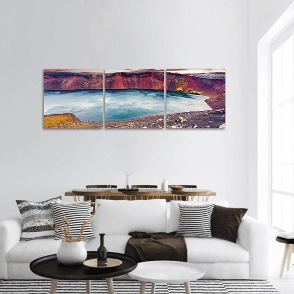 Sunset Over Ljotipollur Lake Panoramic Canvas Wall Art in brown, red and blue, hung on a wall