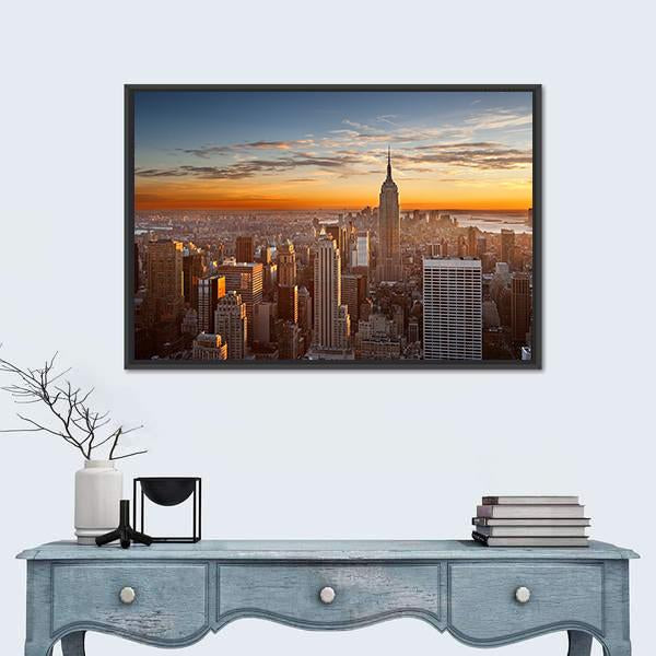 Sunset Over Manhattan New York Canvas Wall Art-1 Piece-Floating Frame-24" x 16"-Tiaracle