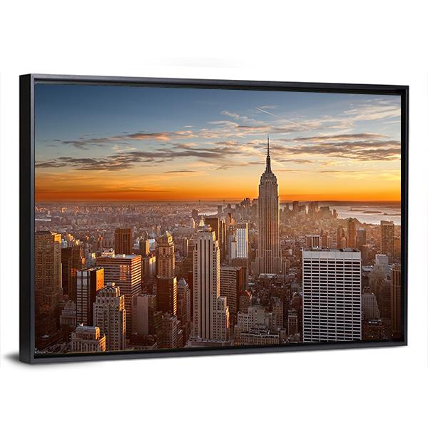Sunset Over Manhattan New York Canvas Wall Art-3 Horizontal-Gallery Wrap-25" x 16"-Tiaracle