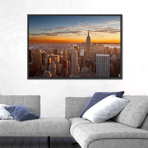 Sunset Over Manhattan New York Canvas Wall Art-3 Horizontal-Gallery Wrap-25" x 16"-Tiaracle